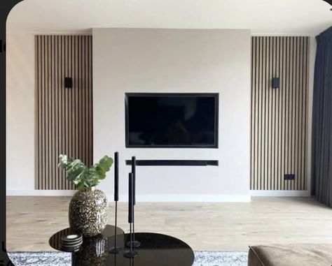 Modern Tv Wall Paneling, Slat Wall Around Fireplace, Wooden Slat Living Room, Fireplace Tv Wall Wood Slats, Panelling Living Room Fireplace, Wood Slat Wall With Fireplace, Slat Wall With Fireplace, Wood Slat Wall Dining Room, Slat Wall Fireplace Tv