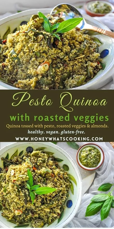 Pesto Quinoa with Roasted Veggies (vegan, healthy, gluten-free) #quinoa #pesto #healthy Pesto Recipes Healthy, Pesto Vegetarian Recipes, Quinoa With Vegetables, Gluten Free Starch Sides, Roasted Vegetables And Quinoa, Roasted Veggies And Quinoa, Quinoa Recipes Pesto, Pesto Grain Bowl, Quinoa Pesto Bowl