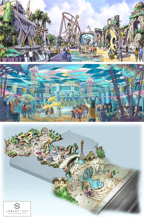 This is a more in depth concept as to how a sea will stretch out within the park Theme Park Ideas Inspiration, Theme Park Concept Design, Theme Park Design Architecture, Theme Park Ideas, Water Park Design, Theme Park Concept Art, Theme Park Design, Theme Park Map, Water Theme Park