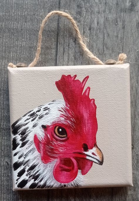 small canvas with a beige background and a painted chicken head Chicken Painting Whimsical, Chicken Painting Easy, Farm Scene Painting, Chicken Paintings, Night Paintings, Painted Chicken, Art Mini Toile, Chicken Head, Paint Tutorials