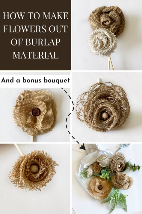 burlap flowers and a burlap bouquet. "how to make flowers of out burlap material" How To Make Burlap Flowers, Burlap Roses Diy, Diy Burlap Flowers, Burlap Roses Tutorial, Homestead Crafts, Burlap Flower Tutorial, Burlap Diy, Burlap Bouquet, Jute Flowers