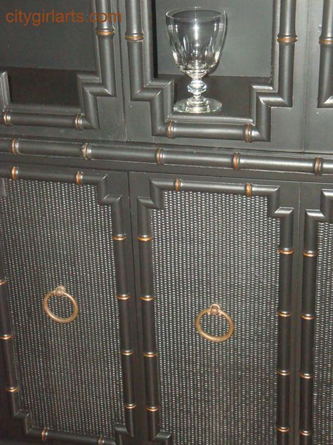 Faux Bamboo China Cabinet: Ick to Idyllic — City Girl Arts Black Bamboo Furniture, Painted Bamboo, Cabinet Fronts, Building Furniture, Black Bamboo, Bamboo Furniture, Distressed Furniture, Faux Bamboo, Yard Sale