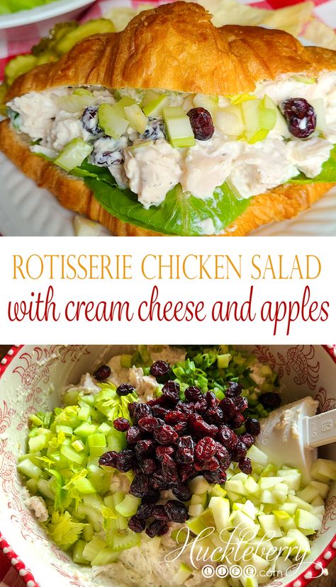 THE BEST Rotisserie Chicken Salad: with Cream Cheese and Apples - Huckleberry Life Rotisserie Chicken Cream Cheese, Cream Cheese Chicken Salad, Chicken Salad With Cream Cheese, Chicken Salad Recipe With Cream Cheese, Salads Using Rotisserie Chicken, Best Rotisserie Chicken Salad Recipe, Chicken Salad Using Rotisserie Chicken, Rotisserie Chicken Croissant Sandwich, Chicken Salad With Apples Recipe