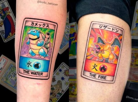 Pokemon Tarot, Charizard Tattoo, Cards Tattoo, Deep Tattoo, Tarot Tattoo, Pokemon Starters, Best Tattoo Ideas, Card Tattoo, New School Tattoo