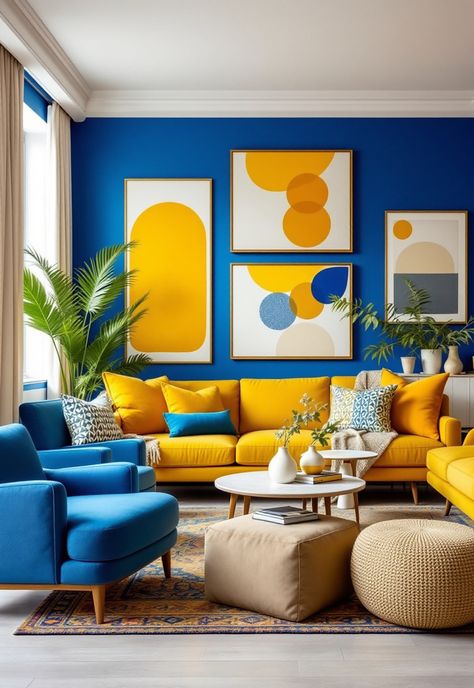 Blue and Yellow Boho Decor Blue And Yellow Office Ideas, Bright Blue Living Room, Blue And Yellow Interior, Yellow And Orange Aesthetic, Yellow And Blue Color Palette, Beach House Makeover, Yellow Walls Living Room, Blue And Yellow Living Room, Colorful Homes