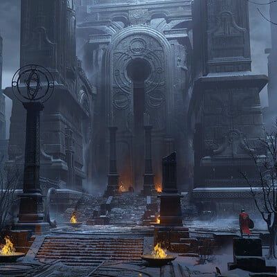 Snow Temple Concept Art, Dark Temple Fantasy Art, Simple Environment Art, Fantasy Temple Concept Art, Fantasy Temple Interior, Ancient Temple Concept Art, Scifi Temple, Temple Fantasy Art, Dnd Temple