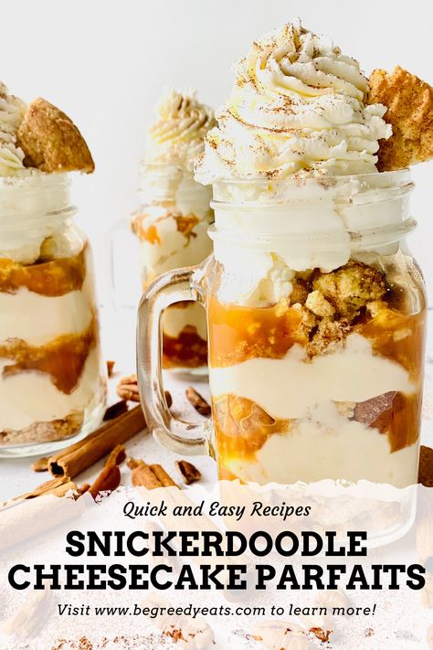 A decadent and rich Snickerdoodle and Cheesecake Parfait that is simple and easy to make. Crushed cookies, caramel sauce, and a cheesecake filling, what could be better! They are creamy and perfect for any occasion, especially the holidays! #begreedyeats #cookies #cookie #snickerdoodles #cheesecake #parfaits #recipeoftheday #quickrecipes #easyrecipes #blackfoodbloggers #foodinspiration #blackchefs #soulfood #baking #foodblogfeed #desserts #christmascookies #holidayrecipes #Christmas #foodies Cheesecake Parfait Recipes, Cheesecake Parfait, Snickerdoodle Cheesecake, Cookie Parfait, No Bake Cheesecake Filling, No Bake Oreo Cheesecake, Cookies And Cream Cheesecake, Strawberry Parfait, Cheesecake Parfaits