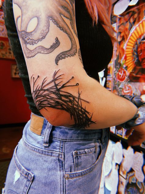 Nature Elbow Tattoos For Women, Bird Tattoo Elbow, Bird Elbow Tattoo, Nature Elbow Tattoo, Dps Tattoo, Birds Nest Tattoo, Folding Elbow Tattoo, Elbow Bend Tattoos, Elbow Ditch Tattoo