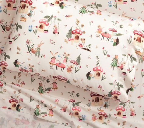 Mice & Friends Organic Sheet Set | Pottery Barn Kids Toadstool Bedroom, Mushroom Sheets, Mushroom Nursery Theme, Enchanted Forest Theme Bedroom, Mushroom Bed, Woodland Theme Bedroom, Forest Baby Rooms, Mushroom Bedroom, Enchanted Forest Nursery