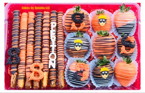 Naruto Cake Pop Ideas, Naruto Treats Ideas, Naruto Dessert Table, Naruto Strawberries, Naruto Chocolate Covered Strawberries, Naruto Themed Birthday Party Food, Naruto Desserts, Naruto Treats, Naruto Birthday Party Ideas