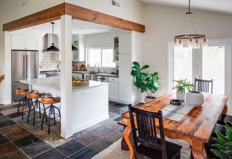 Beam In Kitchen, Open Concept Kitchen Living Room, Corner Kitchen, Diy Kitchen Remodel, Kitchen And Dining Room, Open Concept Kitchen, Kitchen Redo, Wood Beams, Open Kitchen