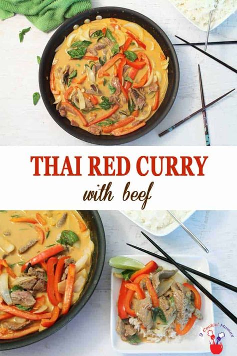 Thai flavors at their best! Thai Red Curry is a quick & easy skillet dinner using fresh vegetables & tender beef & bathed in a delicious coconut curry sauce. Dinner on the table in 30! #dinner #Thaicuisine #beef #redcurry #quickandeasydinner #recipe via @2CookinMamas Thai Red Curry Beef, Easy Thai Red Curry, Thai Beef Curry, Thai Flavors, Red Curry Recipe, Easy Skillet Dinner, Thai Curry Recipes, Beef Curry Recipe, Coconut Curry Sauce