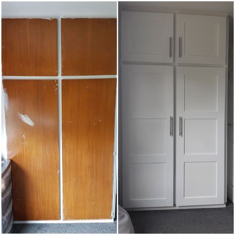 Bedroom Cupboard Renovation, Wardrobe Before And After, Before And After Wardrobe Makeover, Revamp Cupboard Doors, Fitted Wardrobe Doors Makeover, Cupboard Door Makeover, Painted Cupboards Bedroom, Painting Built In Wardrobes, Old Built In Wardrobe Makeover