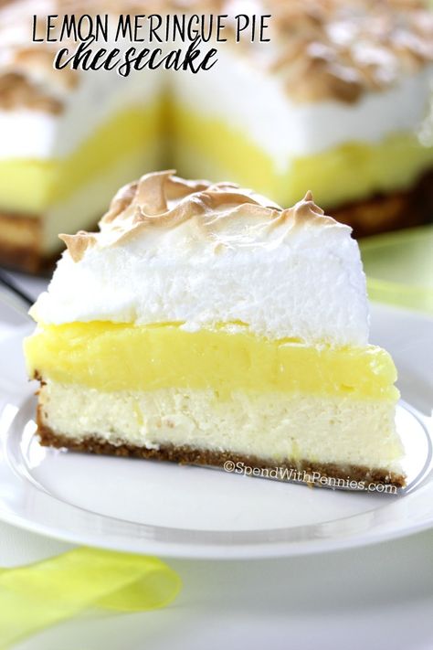 Lemon Meringue Pie Cheesecake!  A graham cracker crust, fresh tart lemon filling & a fluffy meringue topping combined with a rich cheesecake!  This dessert will definitely top your list! Meringue Topping, Lemon Meringue Cheesecake, Rich Cheesecake, Meringue Pie Recipes, Pie Cheesecake, Cheesecake Pie, Spend With Pennies, Lemon Filling, Lemon Meringue Pie