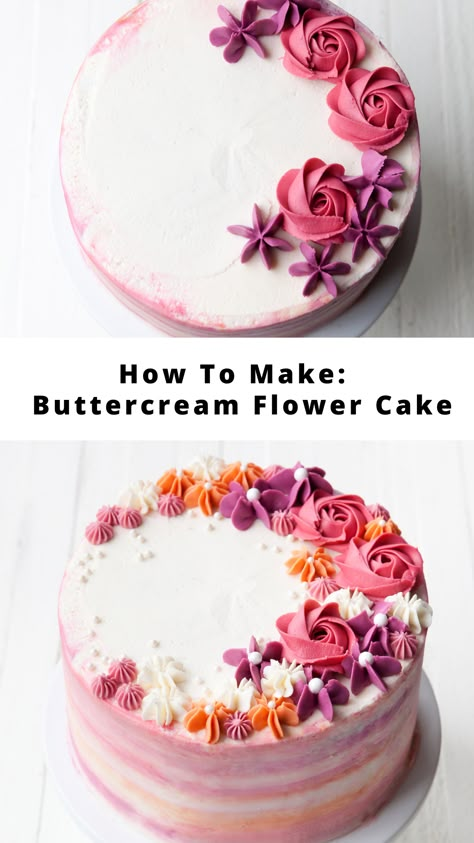 Pastel Floral Cake Birthday, Beginner Buttercream Cake Designs, Frosting Roses On Cake, Cake Decorated With Macarons And Flowers, Piping Decorations Cake, Easy Flower Birthday Cake Ideas, Learn To Decorate Cakes, Cakes With Piping, Cake Baking And Decorating