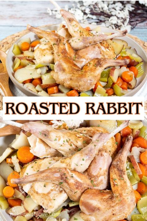 This whole roasted rabbit with potatoes and root vegetables is an easy and well-rounded meal that showcases the unique flavor of rabbit meat! With only 10 minutes of prep time, you don't have to have any experience cooking rabbit to turn it into a fabulous rabbit pot roast for dinner! All you have to do is season and sear the meat, add broth and veggies, and roast until everything is melt-in-your-mouth tender! BakeItWithLove.com Roast Rabbit Recipe, Baked Rabbit Recipes Easy, Instapot Rabbit Recipes, Rabbit Roast Recipe, Oven Roasted Rabbit Recipe, Cooking Rabbit Recipes, Instant Pot Rabbit Recipe, Rabbit Recipe Baked, Rabbit Recipes For Dinner