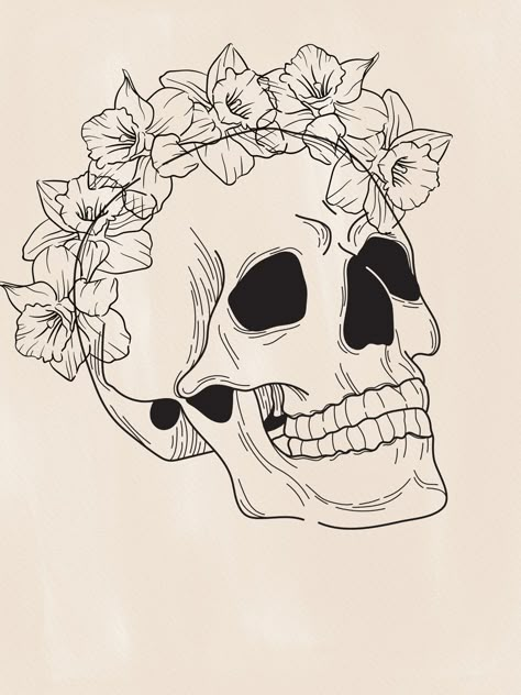 Skull With Flower Crown, Flower Crown Art, Flower Crown Drawing, Skull Tattoo Flowers, Crown Illustration, Crown Art, Skull Flower, Digital Printable Art, Pokemon Coloring Pages