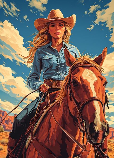 This stunning original oil painting captures the essence of a cowgirl with her horse, radiating confidence and grace. The vibrant colors and intricate details bring the scene to life, showcasing the beauty of the open landscape that surrounds them. A true work of art, this piece is perfect for any art collection, adding a touch of western charm to your space. Created with the highest craftsmanship, this painting is an oil on canvas medium that exudes quality and durability. Measuring 36x48 inche Cowboy Pictures, Cowgirl Art, Cool Pencil Drawings, Vintage Poster Art, Fall Wallpaper, Western Art, Original Oil, Oil Painting On Canvas, Beautiful Paintings