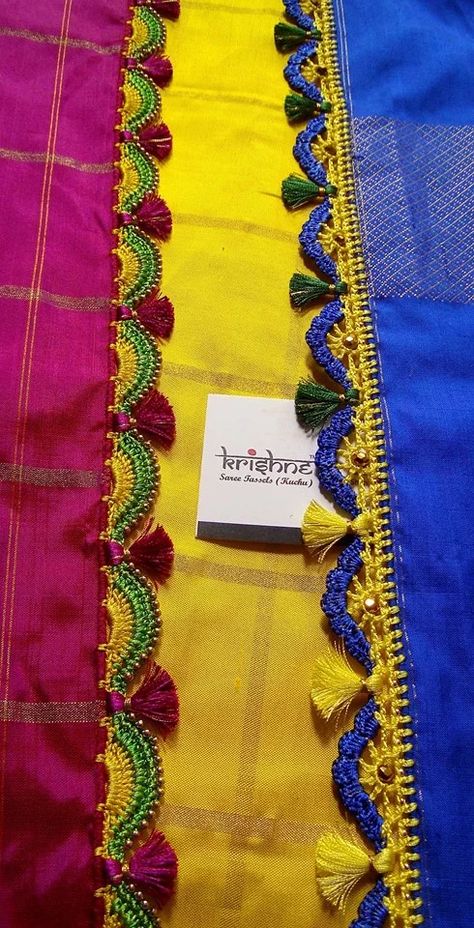 Saree Tussle, Crochet Saree Kuchu Designs, Saree Kuchu Designs Latest, Edges Embroidery, Saree Kuch, Saree Tassel, Saree Kuchulu, Floral Blouse Designs, Saree Kuchu New Designs