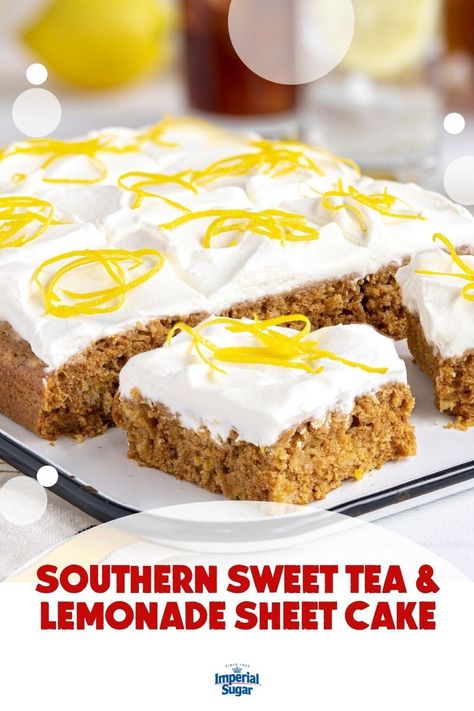 This Southern Sweet Tea & Lemonade Sheet Cake is JUST for the south! This moist and fluffy cake is made with sweet tea and topped with a lemon whipped topping. Wow your guests at your next brunch or summer family picnic! For more summer recipes and ideas visit ImperialSugar.com and pin your favorites! Made this cake? Show us! #imperialsugar #cakerecipes #summerrecipes #lemonaderecipes Sweet Tea And Lemonade, Holiday Themed Cakes, Cream Cheese Cupcakes, Cupcake Cream, Lemon Pudding Cake, Southern Sweet Tea, Fluffy Cake, Tea Lemonade, Cake Show