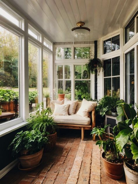 French Sunroom Ideas, Plant Filled Sunroom, Bungalow Sunroom, Small Sunroom Ideas On A Budget, Scandinavian Sunroom, All Weather Room, Small Sunroom Decorating Ideas, Brick Sunroom, Friends Entrance