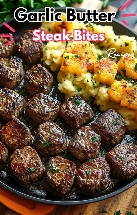 Beef Chunks Recipes Dinners, Beef Chunks Recipes, Freeze Ahead Meals, Garlic Butter Steak Bites, Butter Steak Bites, Smashed Potatoes Recipe, Butter Steak, Indulgent Food, Garlic Butter Steak