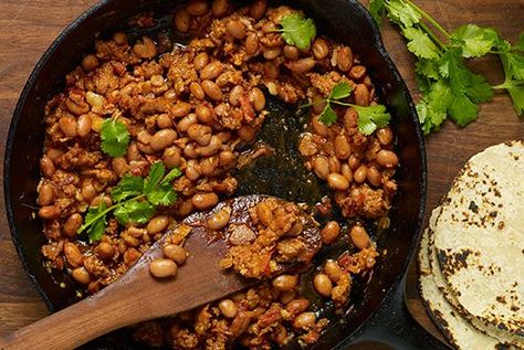 One of my favorite ways to eat beans...as Charro Beans with spicy chorizo, crunchy bacon and sautéed onion. Pati's Mexican Table Recipes, Patti Jinich, Patti Jinich Recipes, Patis Mexican Table, Charro Beans, Pati Jinich, Chunky Guacamole, Mexican Table, Mexican Kitchens