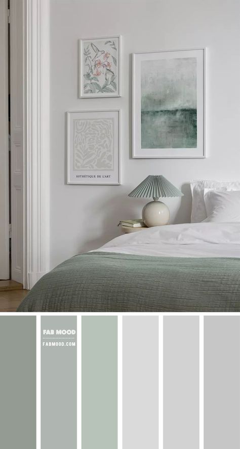 20 Best Bedroom Colour Combination Ideas : Light Grey Bedroom with Sage Accents Grey Green Bedrooms, Grey Bedroom Colors, Light Green Bedrooms, Green And White Bedroom, Sage Bedroom, Light Gray Bedroom, Best Bedroom Colors, Wall Color Combination, Wedding Color Palettes