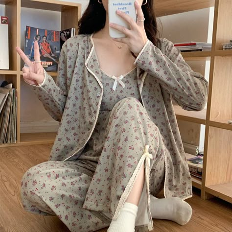 Women Pajamas Set Sling Cotton Pajamas 3 Peices Sleepwear for Women Long Sleeves Breathable Sexy Robe Homewear SexyTop Trousers https://www.awin1.com/pclick.php?p=34847749669&a=1183052&m=6378 Comfy Pajama Set, Night Pajamas For Women, Pajamas Women Aesthetic, Cottagecore Pajamas, Cute Pajamas For Women, Cute Pajama Outfits, Sleepwear Women Nightwear, Pajamas Outfit, Winter Pajamas Women