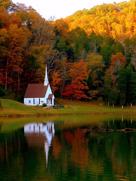 The little Church of God chapel near Romance, WV, in Jackson County, seemed perfectly suited to the autumn backdrop. Old Country Churches, Church Pictures, Take Me To Church, Old Churches, Country Church, Autumn Scenes, Church Architecture, Church Building, Autumn Scenery