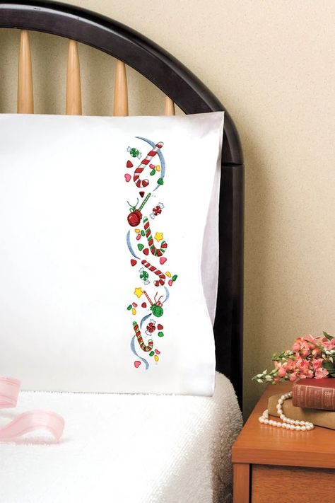 Christmas Candy Pillowcases – Mary Maxim Pillowcase Embroidery, Chalk Paint Brushes, Christmas Embroidery Patterns, Christmas Pillowcases, Stamp Projects, Cotton Pillow Cases, Craft Accessories, Christmas Embroidery, Embroidery Kit