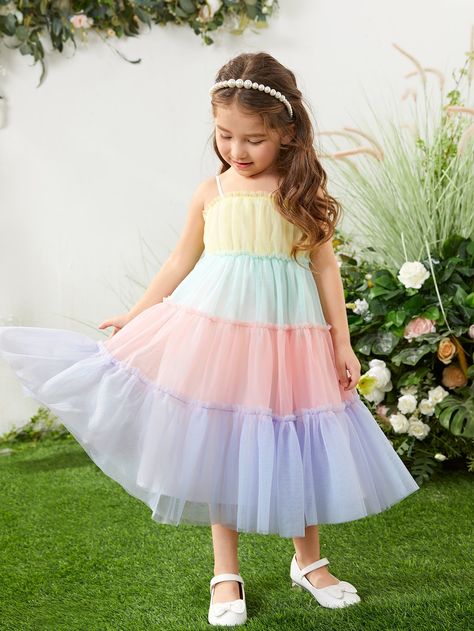 SHEIN Toddler Girls Colorblock Frill Trim Mesh Cami Dress Girls Rainbow Dress, Rainbow Dress Kids, Rainbow Dress Girl, Vestidos Color Pastel, Mother Daughter Dress, Kids Dress Wear, Baby Dress Design, Kids Designer Dresses