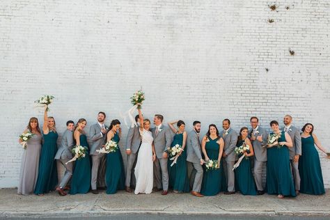 Teal Wedding Party Groomsmen, Hunter Green Wedding Bridal Party, Grey And Emerald Wedding, Teal And Gray Wedding Ideas, Dark Teal And Gray Wedding, Green And Grey Bridal Party, Dark Teal Groomsmen Attire, Dark Teal And Grey Wedding, Grey Suit Wedding Party