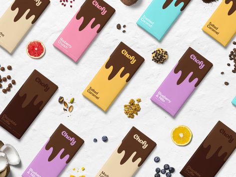 Chofy - Branding & Identity Design for a Chocolate Brand | Colorful, Playful, Hand Lettering Swiss Chocolate Brands, Chocolate Bar Brands, Chocolate Bar Design, Chocolate Packaging Design, Chocolate Wrapping, Chocolate Bar Wrappers, Chocolate Wrappers, Candy Brands, Cool Packaging