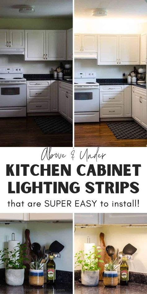 Brighten up your workspace and make your kitchen feel cheerier and larger with this super easy to install ultra slim LED strip light system. No hardwiring is required -just plug them in and they light up! Apartment Under Cabinet Lighting, Led Above Cabinet Lighting, Over Cabinet Lighting Kitchen, Light Above Kitchen Cabinets, Lights On Top Of Cabinets, Kitchen Cabinet Uplighting, Lighting On Top Of Kitchen Cabinets, String Lights Kitchen Cabinets, Lights On Top Of Kitchen Cabinets