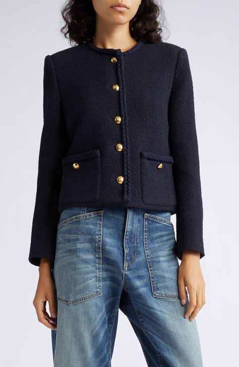 Nili Lotan Iman Crop Tweed Jacket available at #Nordstrom Summer Tweed Jacket, Navy Fashion Women, Tweed Jacket Outfit, Classic Work Outfits, Chanel Tweed Jacket, Europe Outfits, Chanel Jacket, Office Outfits Women, Nili Lotan