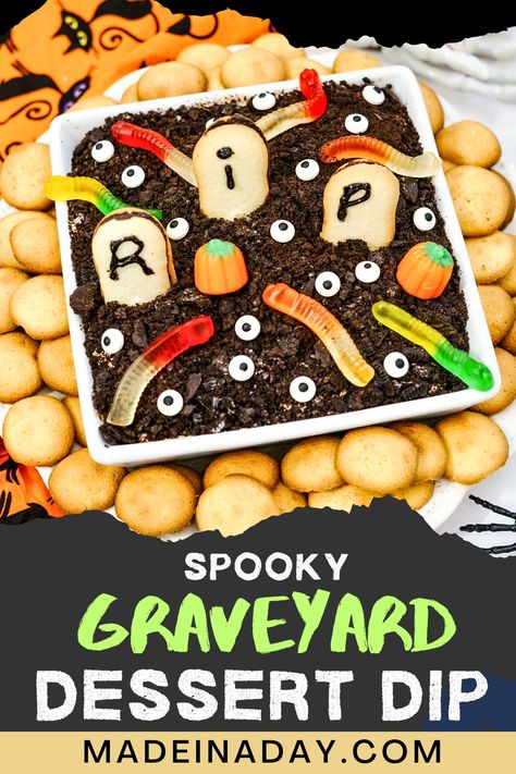 Create the spookiest Dessert Dip Recipe this Halloween! This fun graveyard dirt cake filled with creepy crawlers and silly eyes will be perfect addition to any Halloween spread! halloween dip, graveyard dip, dessert dip easy, graveyard dirt cake Graveyard Dip, Graveyard Dirt Cake, Graveyard Dessert, Dip Dessert, Halloween Spread, Graveyard Dirt, Chocolate Pudding Cookies, Halloween Dip, Chocolate Pudding Desserts