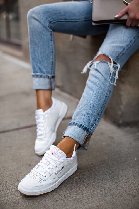 fashion blogger mia mia mine wearing reebok club c 85 sneakers Adidas Casual Shoes Women, Adidas Sneakers Women Casual, Women Reebok Sneakers, Womens White Sneakers 2023, Women’s White Sneakers Outfit, Trending White Sneakers For Women, Shoes 2022 Trends Sneakers, Women’s White Sneakers, Witte Sneakers Outfit