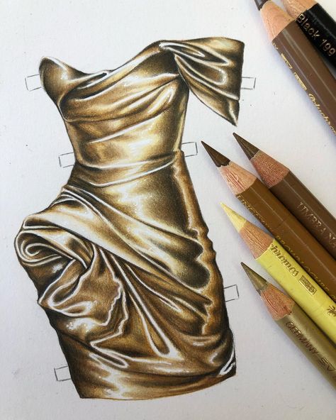 The last dress for my very own paper doll ⚜️✨ @marchesafashion Satin Effect Fashion Illustration, Satin Rendering Illustration, Satin Dress Illustration, Satin Dress Drawing, Barbie Diversity, Satin Illustration, Hairstyles Sketches, Metallic Drawing, Denim Fashion Illustration