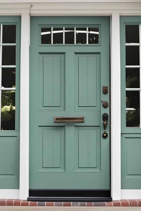 The perfect Front Door Paint Color can make your house stand out and shine. Use one of these best front door paint colors to add curb appeal to your home exterior, #exterior #frontdoor #paintcolors #curbappeal Accent Color Front Door, White House Turquoise Front Door, Light Blue Green House Exterior, Teal Exterior Door, Tan House With Colored Front Door, Blue Green Door Exterior, Teal Colored Houses Exterior, Front Door Color Brown House, Front Door Colors With Alabaster House