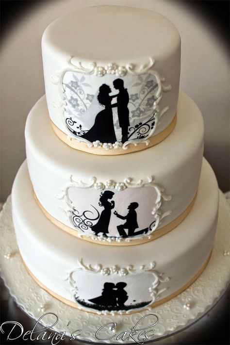 Silhouette Wedding Cake, Silhouette Wedding, Mini Wedding Cakes, Silhouette Cake, Rustic Cake Toppers, Wedding Cake Flavors, Wedding Silhouette, Gorgeous Wedding Cake, White Wedding Cakes