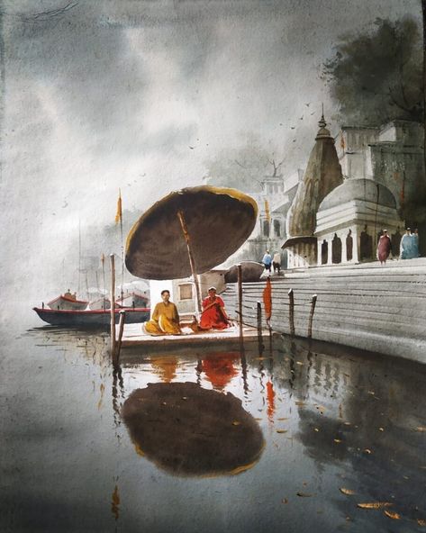 Prafull Sawant, Watercolor Indian, Watercolor Art Landscape, Watercolor Water, Om Namah Shivaya, Watercolor Landscape Paintings, Indian Paintings, Watercolor Artists, Watercolor Art Lessons