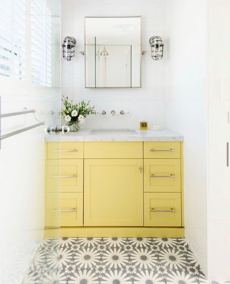 @kwdandco: “This throwback image of the completed KWD bathroom renovation highlights Kate's love of colour.…” Kate Walker, Peach Bathroom, Yellow Shower Curtains, Yellow Cabinets, Counter Top Accessories, Yellow Bathroom, Yellow Tile, Tub Surround, Bright Paintings