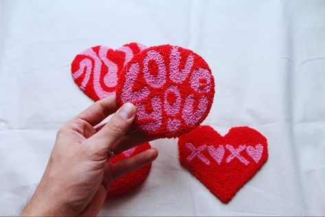 Punch Needle Valentine, Valentine Punch Needle, Punch Needle Rug Patterns, Rug Punch Needle, Punch Needle Coaster, Anniversay Gifts, Rug Tufted, Punch Needle Patterns, Crochet Stitches For Beginners