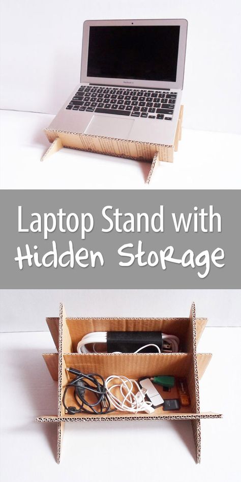 Made completely out of cardboard, with a useful organizer that is hidden by the laptop (perfect for storing all those cables and stuff you need while on the computer). Laptop Stand For Desk Diy, Laptop Drawing Art, Cardboard Laptop Stand, Cardboard Laptop, Easy Cardboard Crafts, Diy Book Stand, Diy Laptop Stand, Diy Desk Organizer, Laptop Stand For Desk