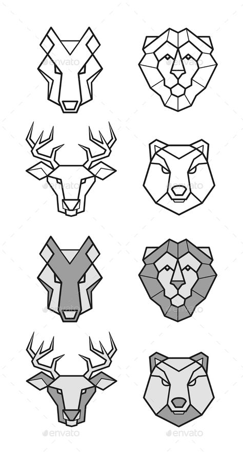 Square Animals Drawing, Animal Head Drawing, Geometrical Animals, Square Animals, Geometric Animal Head, Animals Geometric, Geometric Animal Tattoo, Geometric Art Animal, Animal Geometric