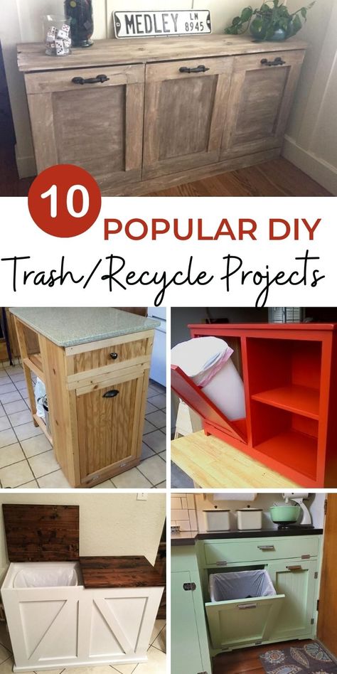 Over The Trash Can Shelf, Garbage Can Enclosure Kitchen, Trash Recycle Combo Diy, Diy Trash Cabinet, 3 Bin Trash Cabinet, Diy Trash Can Storage Kitchen, Trash Recycling Station, Recycle And Trash Bins Ideas, Hidden Recycling Bins