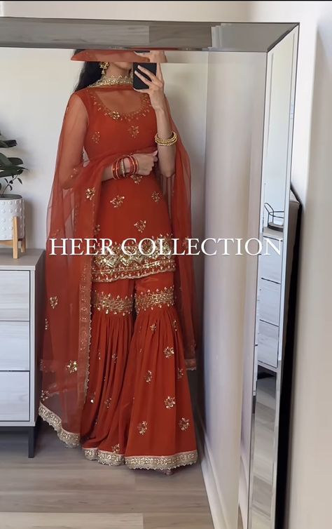 Full Work Suit Design, Rust Color Punjabi Suit, Net Garara Dress, Desi Modern Outfits, Heer Collection Suits, Punjabi Garara Suits, Orange Traditional Outfits, Punjabi Jaggo Outfits, Orange Suits Punjabi