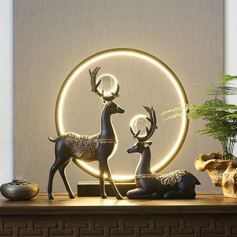 Feng Shui Office, Reindeer Decor, Deer Sculpture, Feng Shui Art, Deer Figurines, Black Saddle, Deer Statues, Deer Decor, Tanah Liat