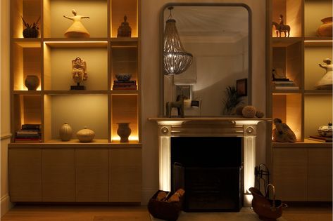 Living room shelf lighting John Cullen Lighting Interior Design Mason Designs Accent Lighting Living Room, Bookshelf Lighting, Hidden Lighting, Bookcase Lighting, Large Floor Lamp, Shelf Lighting, Floor Standing Lamps, Light Architecture, Formal Living Rooms